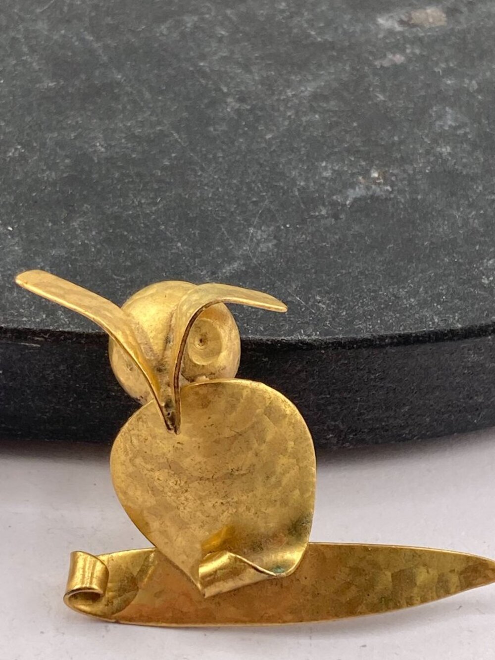 VINTAGE Hammered brass owl perched on a branch brooch ~ Bird costume jewelry pin